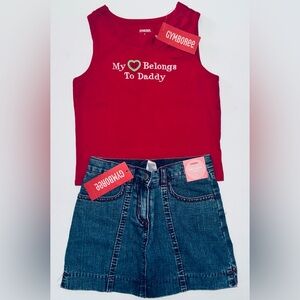 Gymboree outfit denim blue jean mini skirt skort red daddy tank top tee shirt 4